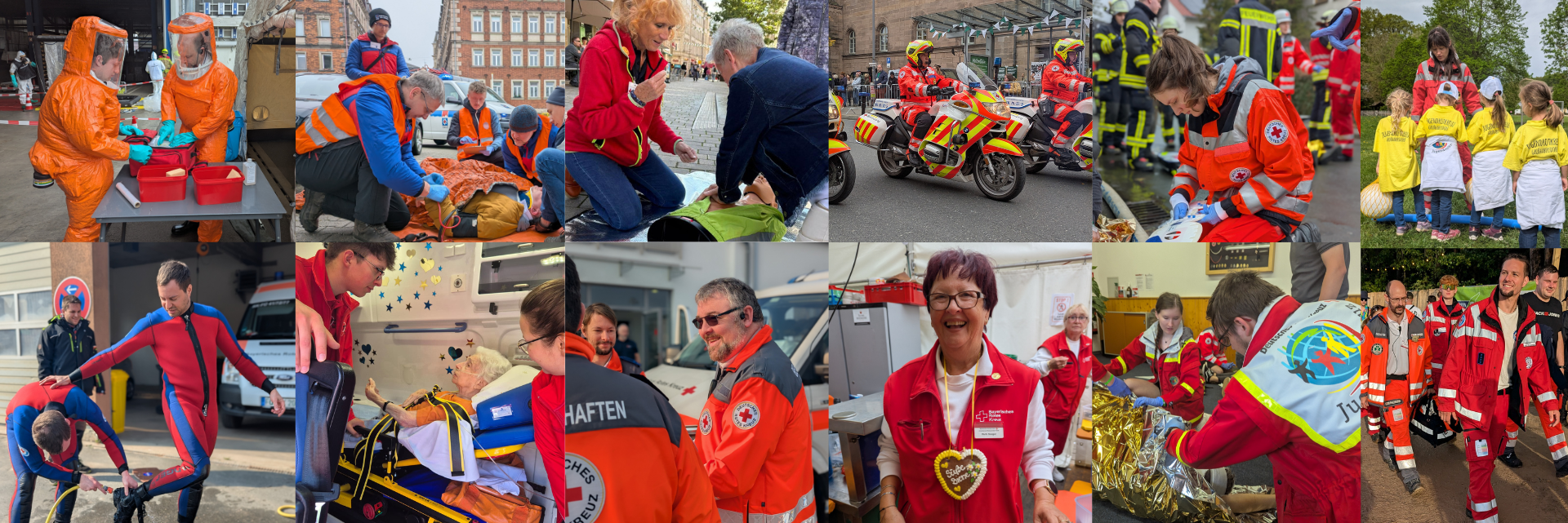 Collage von 12 Fotos mit Einblicken in das Engagement des BRK Fürth: Das erste Foto zeigt den Fachdienst CBRNe bei einer Übung. Das zweite Foto eine Sanitätsstreife des Wasserwacht auf dem Open Beatz Festival. Auf dem dritten Foto sieht man den Katastrophenschutzbeauftragen des Kreisverbands im Gespräch. Bild 4 zeigt die BRK-Motorradstaffel, die den Erntedankumzug in Fürth anführt. Auf Bild 5 sieht man zwei ehrenamtliche Rotkreuzler:innen, die im Herzenswunschmobil mit einer Seniorin plaudern. Bild 6: eine ehrenamtliche Wasserretterin zeigt Mädchen des Jugendrotkreuzes Rettungsmittel. Bild 7: Ein Wasserretter im TAuchanzug spritzt einen anderen mit einem Wasserschlauch sauber nach einem Tauchgang. Bild 8: Eine Notfallsanitäterin in Ausbildung bei einer Übung mit der Feuerwehr. Bild 8: Eine Erste Hilfe-Ausbilderin zeigt in der Fußgängerzone einer Passantin, wie die Herzdruckmassage geht an einer Puppe. Bild 9: Ein ehrenamtliches Mitglied der Wohlfahrts- und Sozialarbeit hilft beim Seniorennachmittag auch der Fürther Michaelis-Kirchweih. Bild 10: Jugendrotkreuzler bei der praktischen Aufgabe beim Kreiswettbewerb. Bild 12: Die Bergwacht bei einer Übung am Traumatag.