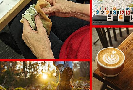 Collage aus verschiedenen Fotos: zwei Hände, die ein Säckchen befühlen, ein Wanderschuh, eine Kaffeetasse, ein Spielbrett